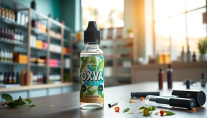 Verkaufe Oxva Liquid in einer modernen Vape-Shop-Umgebung mit Fokus auf das Flaschendesign.