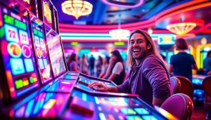 Permainan slot menarik di kasino dengan pemain ceria dan mesin yang bersinar.