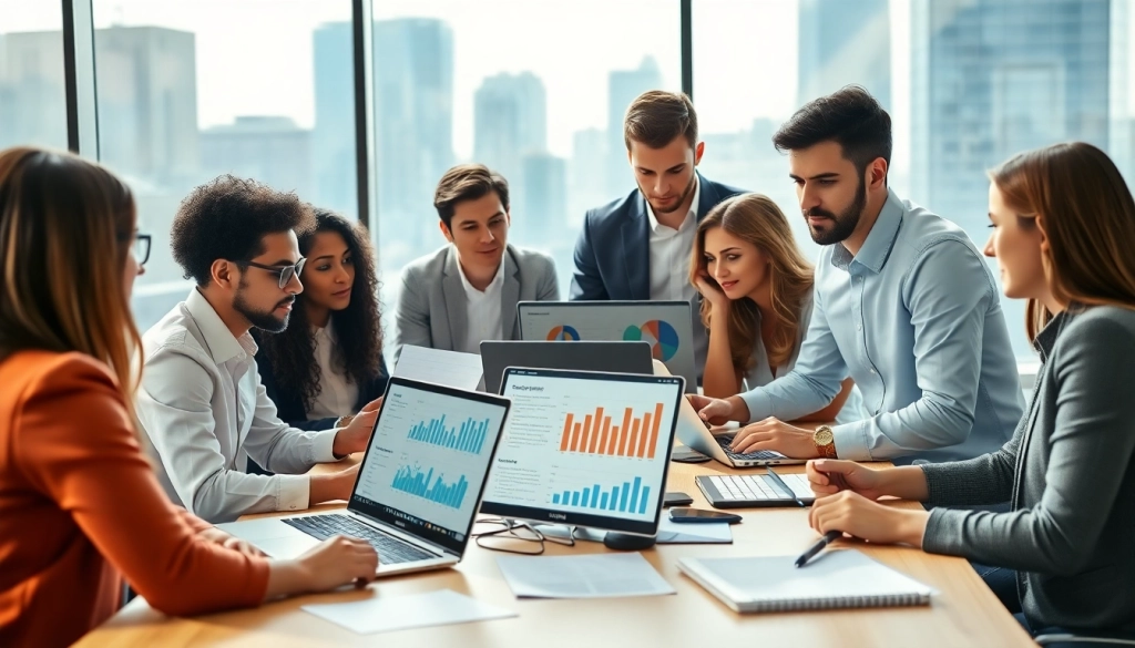 Conduct competitor research with a diverse business team analyzing data in a modern office.