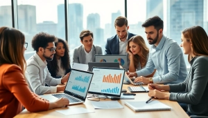 Conduct competitor research with a diverse business team analyzing data in a modern office.