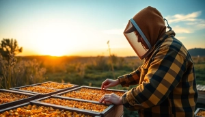 Observar colmenas layens mientras el apicultor trabaja, resaltando su estructura y función.