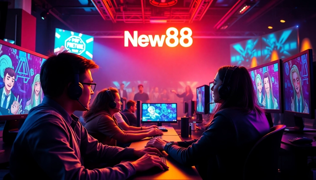 Players engaged in an exciting gaming battle in the New88 environment with vibrant visuals.