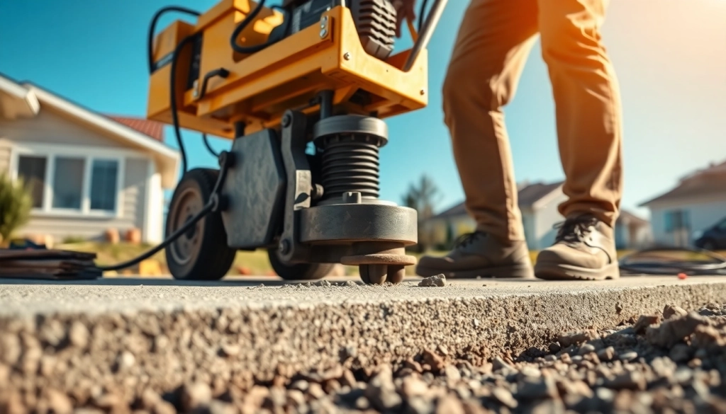 Mudjacking process highlighting the lifting of a concrete slab by a skilled worker with specialized equipment.