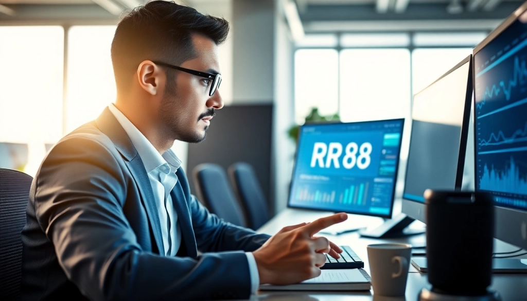 Gain insights on RR88 while a professional analyzes technology in a bright office.