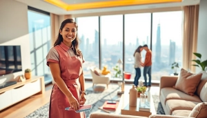 Maid Agency Dubai providing professional cleaning services in a welcoming Dubai apartment.