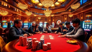 Engaging scene of players at a poker table promoting rr88com with vibrant poker chips and cards.