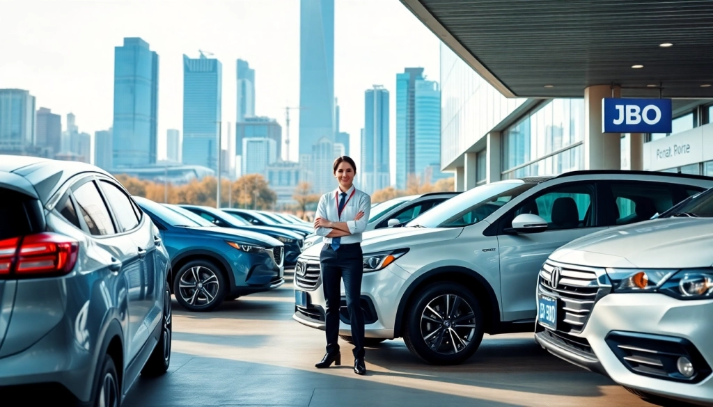 Engaging JBO rental service with professional staff assisting customers in an urban setting.