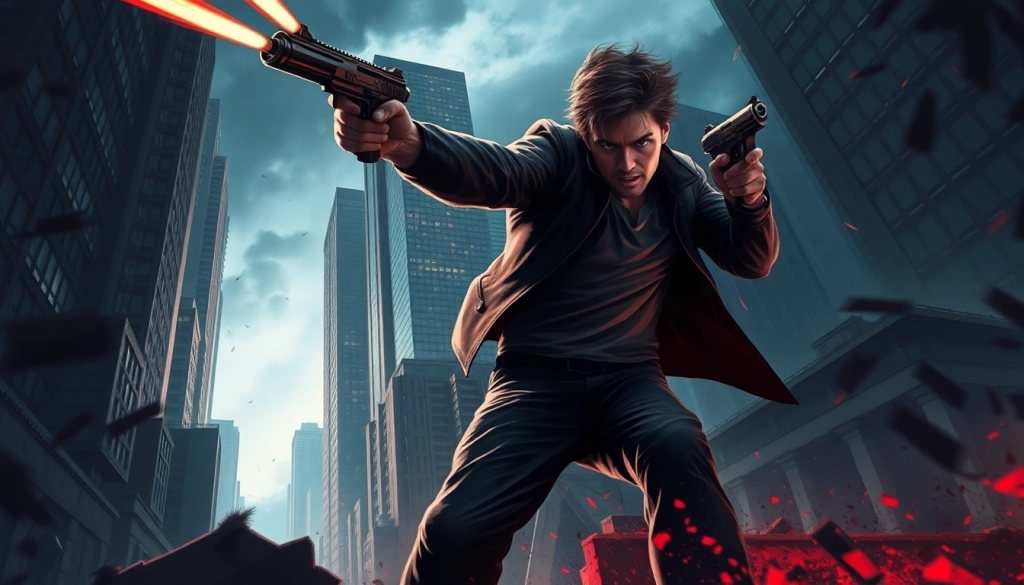 Heroic character in an action thriller dodging bullets in a chaotic urban setting.