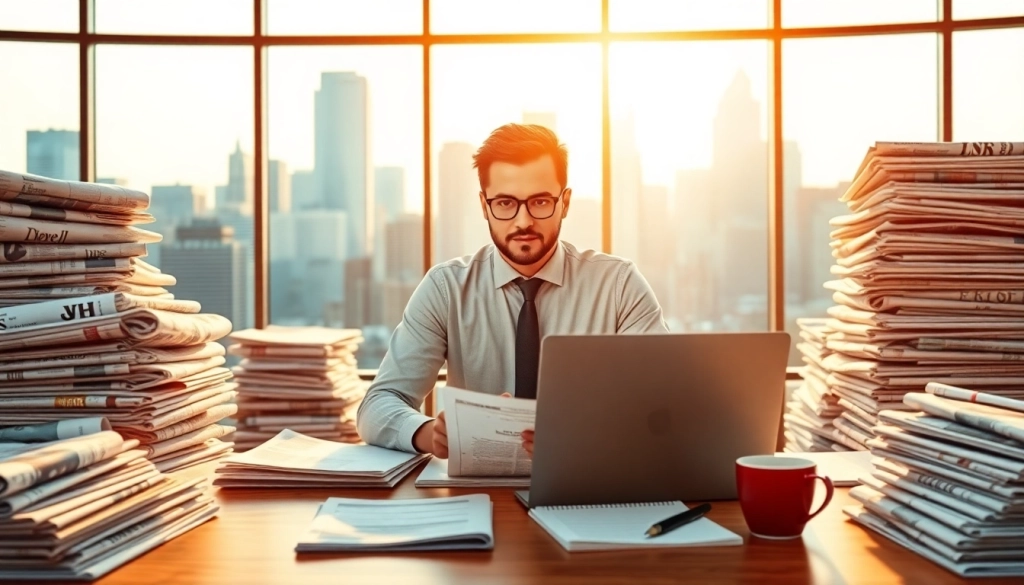 Journalist working diligently at thephoenixnewspaper, with a busy city skyline in the background.