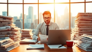 Journalist working diligently at thephoenixnewspaper, with a busy city skyline in the background.