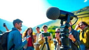 Shure MV88 microphone in use by diverse creators during an outdoor video shoot.