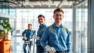 Professionelles Gebäudemanagement-Team arbeitet an https://nm-gebäudeservice.de in modernem Büro.