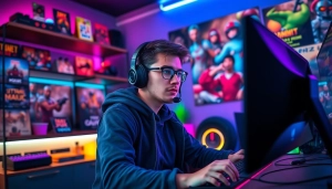 Engaged player at https://gamelevate.com gaming setup with RGB lighting and collectibles.