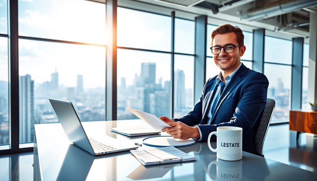 Real Estate agent discussing properties in a modern office with a city skyline backdrop.