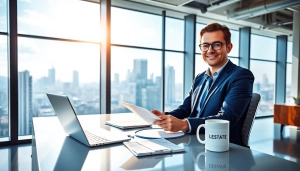 Real Estate agent discussing properties in a modern office with a city skyline backdrop.