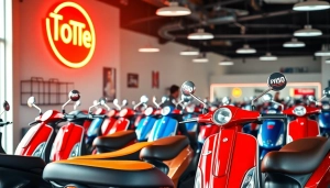 Motorroller kaufen: Verschiedene Modelle in einem modernen Showroom mit attraktiven Preisschildern