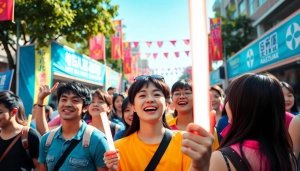 K-pop fans celebrating at an event, vibrant atmosphere with https://www.kpopangel.com featured prominently.