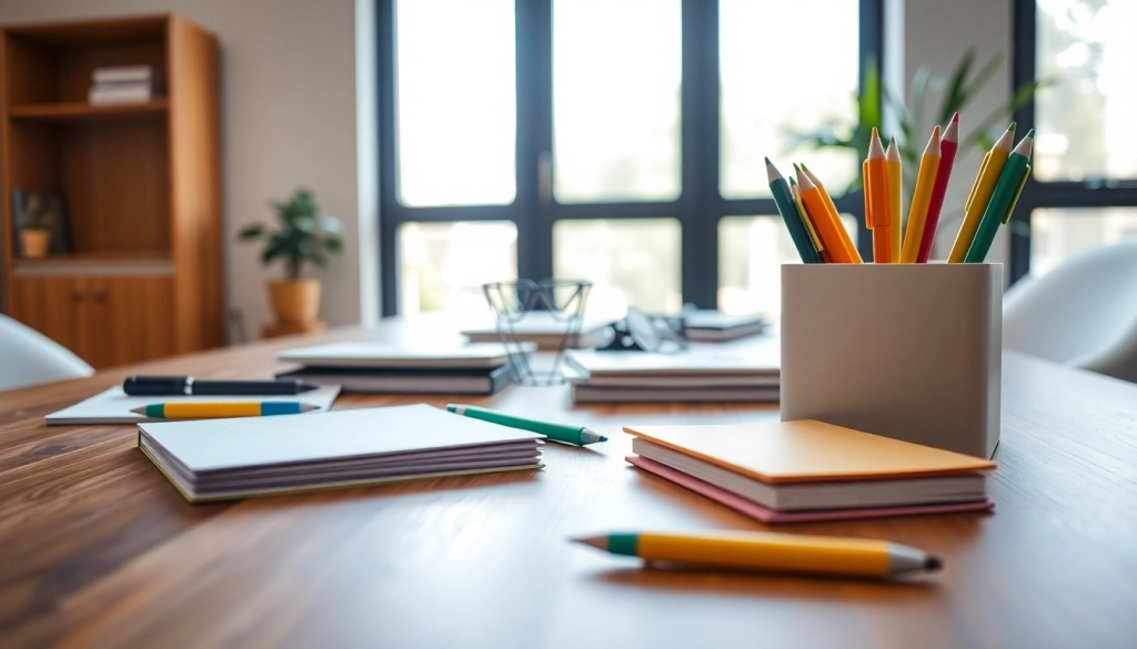 Organized office stationery supplies on a polished desk in a bright workspace