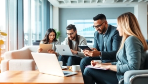 Aanzicht van de bedrijvengids https://bedrijvengidsen-nederland.nl met professionals die samenwerken in een moderne kantooromgeving.