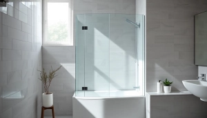 Élévation d'une paroi de douche contemporaine avec finition en verre moderne.