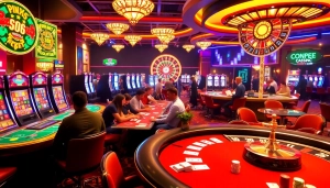 KJC AC 3: A vibrant casino atmosphere with poker tables, slot machines, and shuffling cards representing the excitement of gambling.