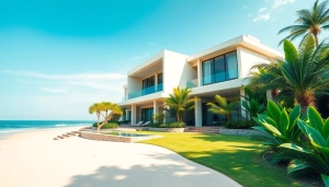 Pattaya property for sale featuring a luxurious beachside villa surrounded by lush greenery and scenic ocean views.