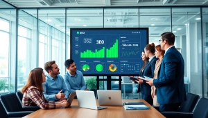 SEO company team brainstorming digital marketing strategies in a modern office environment.