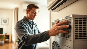 Technician adjusting a heating unit at https://nobleheatingairservices.com creating a cozy home atmosphere.