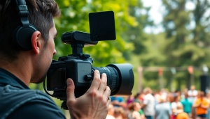 Videographer engaged in professional Video Production outdoors amidst vibrant surroundings.