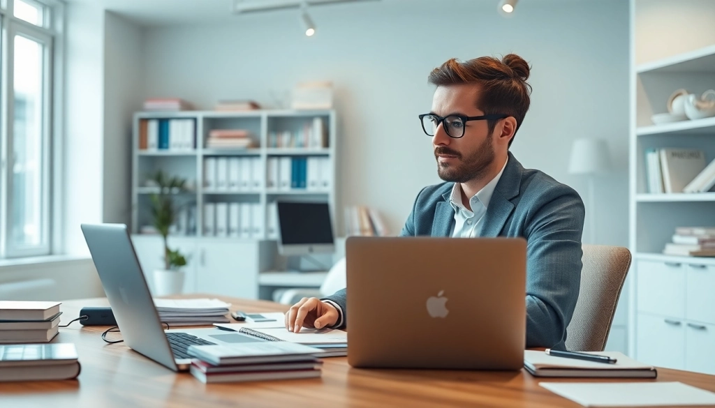 Translating with precision at https://www.elitetranslingo.com, a linguist in a vibrant, modern workspace.