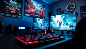 Menampilkan suasana permainan koi800 game dengan pengaturan meja gaming yang menarik dan kontroler warna-warni.