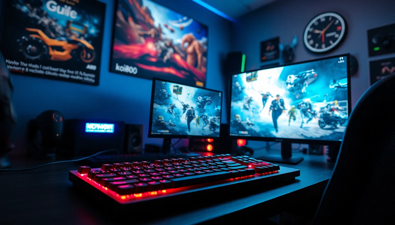 Menampilkan suasana permainan koi800 game dengan pengaturan meja gaming yang menarik dan kontroler warna-warni.