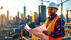 New York City Construction Manager leading a project on-site with iconic skyline background.