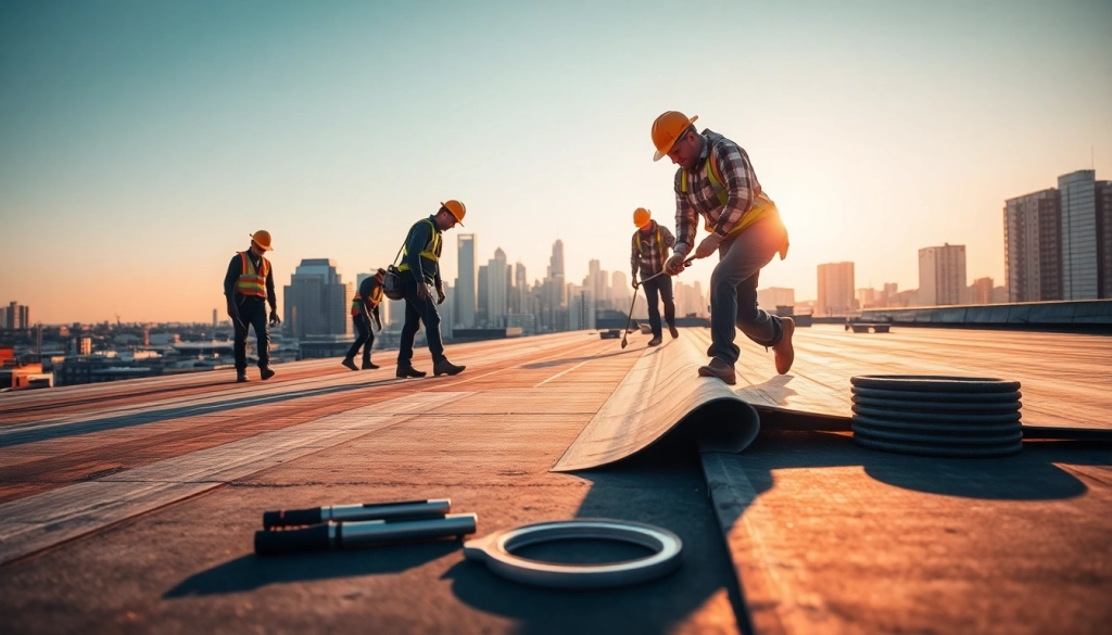 Engaged team providing commercial roofing services on a large building's flat roof, displaying professionalism.