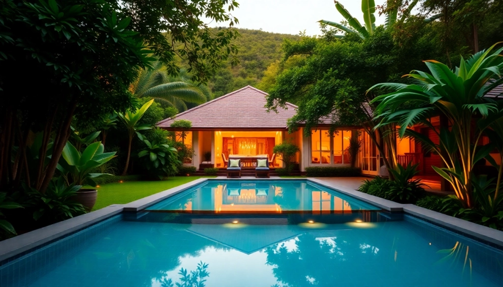 Phuket property management showcasing a luxury villa with stunning tropical landscaping and a inviting pool.