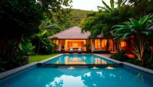 Phuket property management showcasing a luxury villa with stunning tropical landscaping and a inviting pool.