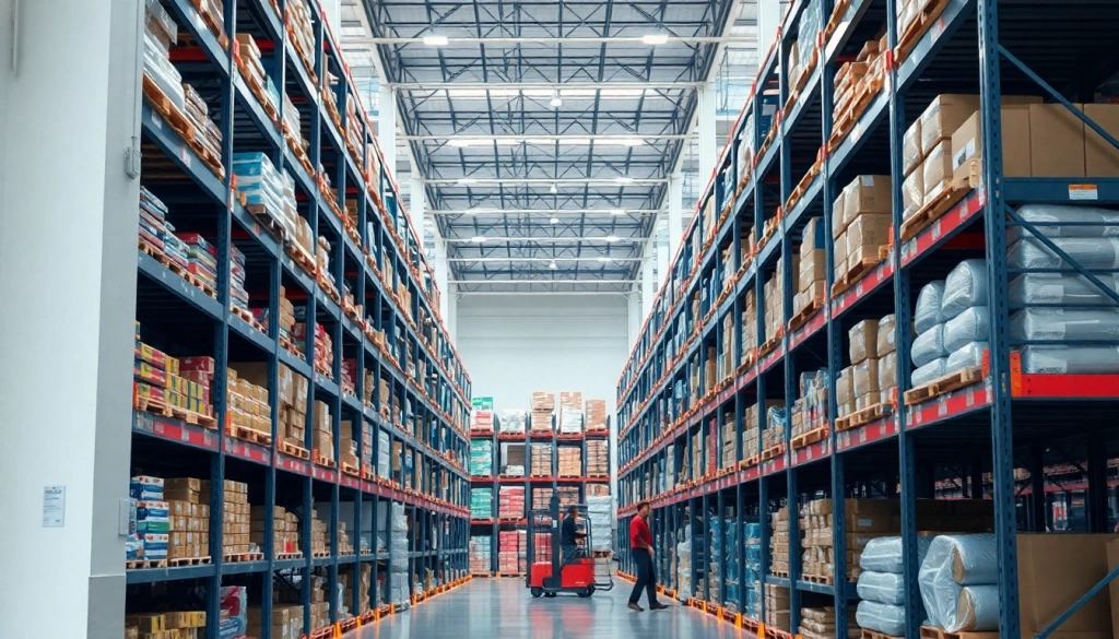 Find a warehouse near me featuring organized storage and vibrant activity with modern design.