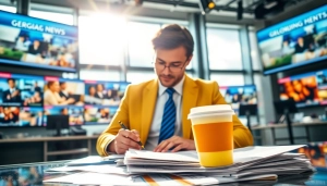 The Georgia Sun news journalist actively reporting in a dynamic newsroom setting.