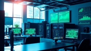 Advanced cloud mining technology in a modern facility with real-time data displays.