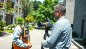 Evaluate noise impact assessment with a professional acoustic engineer amidst a vibrant urban setting.