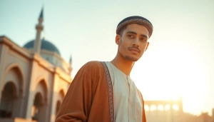 Showcase Islamic men’s fashion with a young man in a stylish thobe against an urban backdrop.