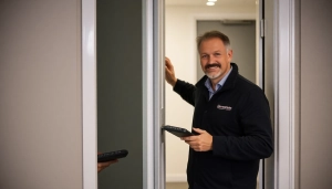 Schlüsseldienst Germersheim öffnet eine Tür mit modernem Werkzeug und versichert den Kunden schnelle Hilfe.