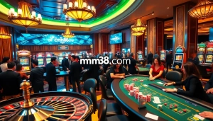 Experience high-stakes excitement at mm88 com with players enjoying roulette and poker under dazzling lights.