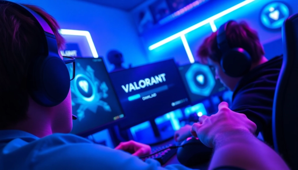 Gamer engaged in valorant download on a computer with vibrant LED lights.