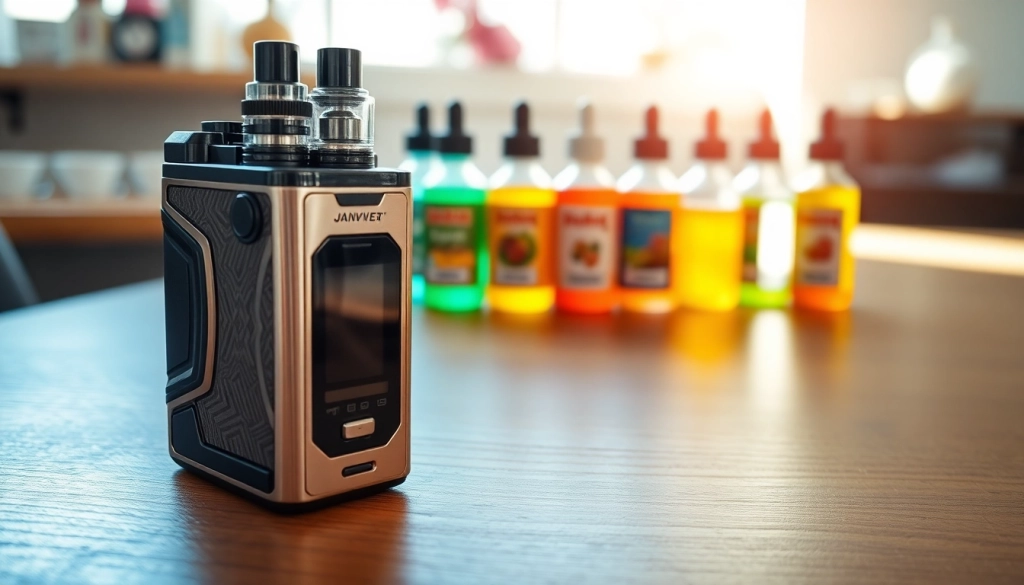Vape-Gerät mit bunten E-Liquids auf einem eleganten Holztisch präsentiert.