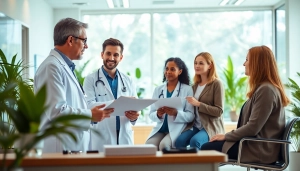Engaged patients discussing care plans at https://www.medexdtc.com in a modern clinic setting.