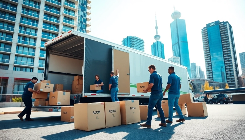 Toronto moving services team loading boxes into a truck near the Toronto skyline.