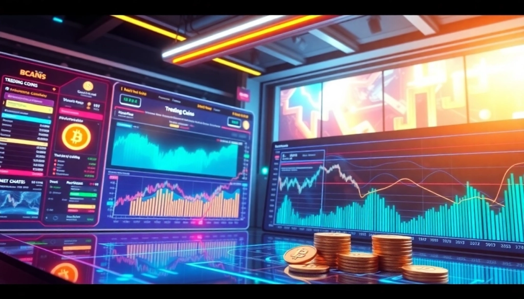 Showcase of trending coins listing with engaging visuals and vibrant colors in a digital marketplace setting.