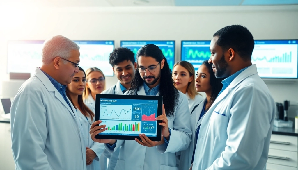 Researchers collaborating on the ADAPTABLE Aspirin Study data in a bright lab environment.