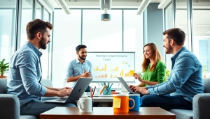 Engaged team at https://www.fire85.com discussing digital marketing strategies in a bright office setting.